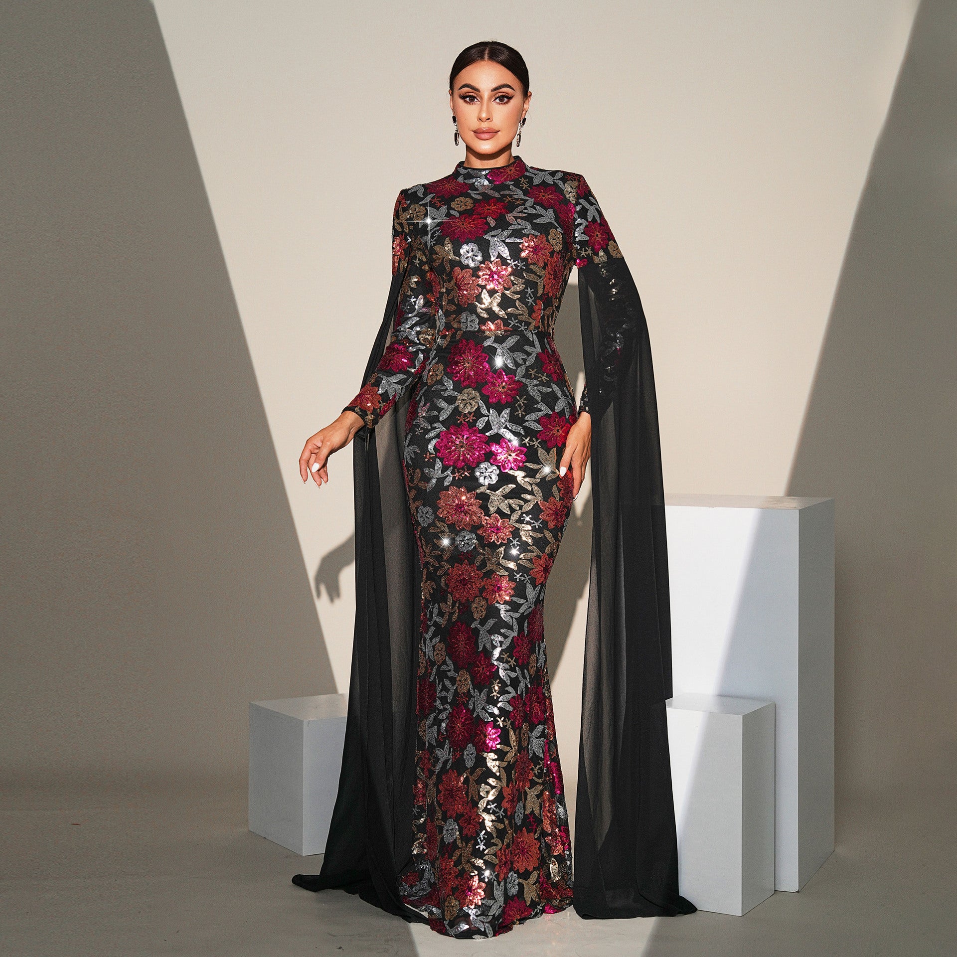 Women Sequined Long Sleeve Round Neck Formal Party Maxi Evening Dress 5