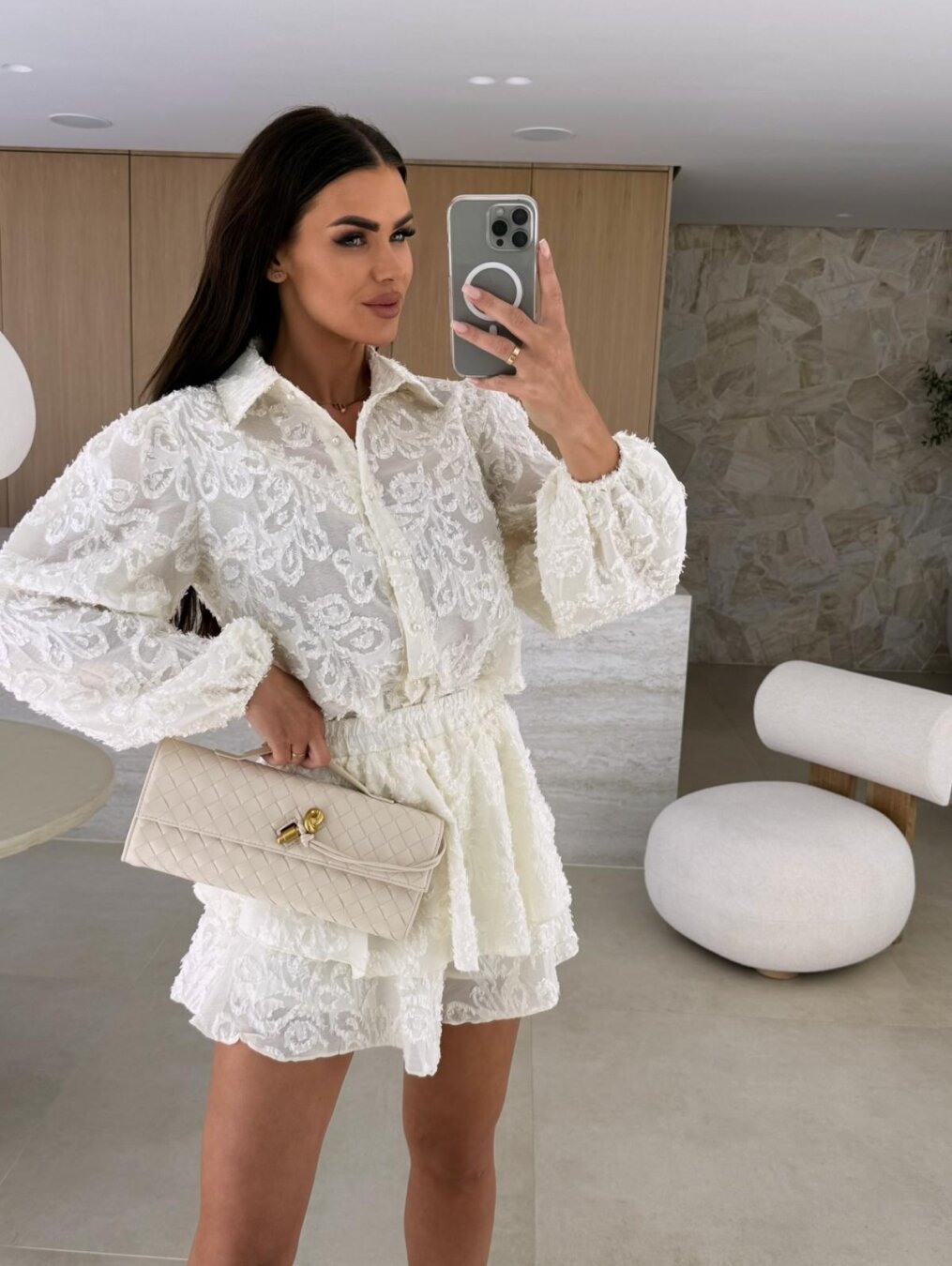 Summer Women's Casual Long-Sleeve Lace Two Piece Shorts Set 5