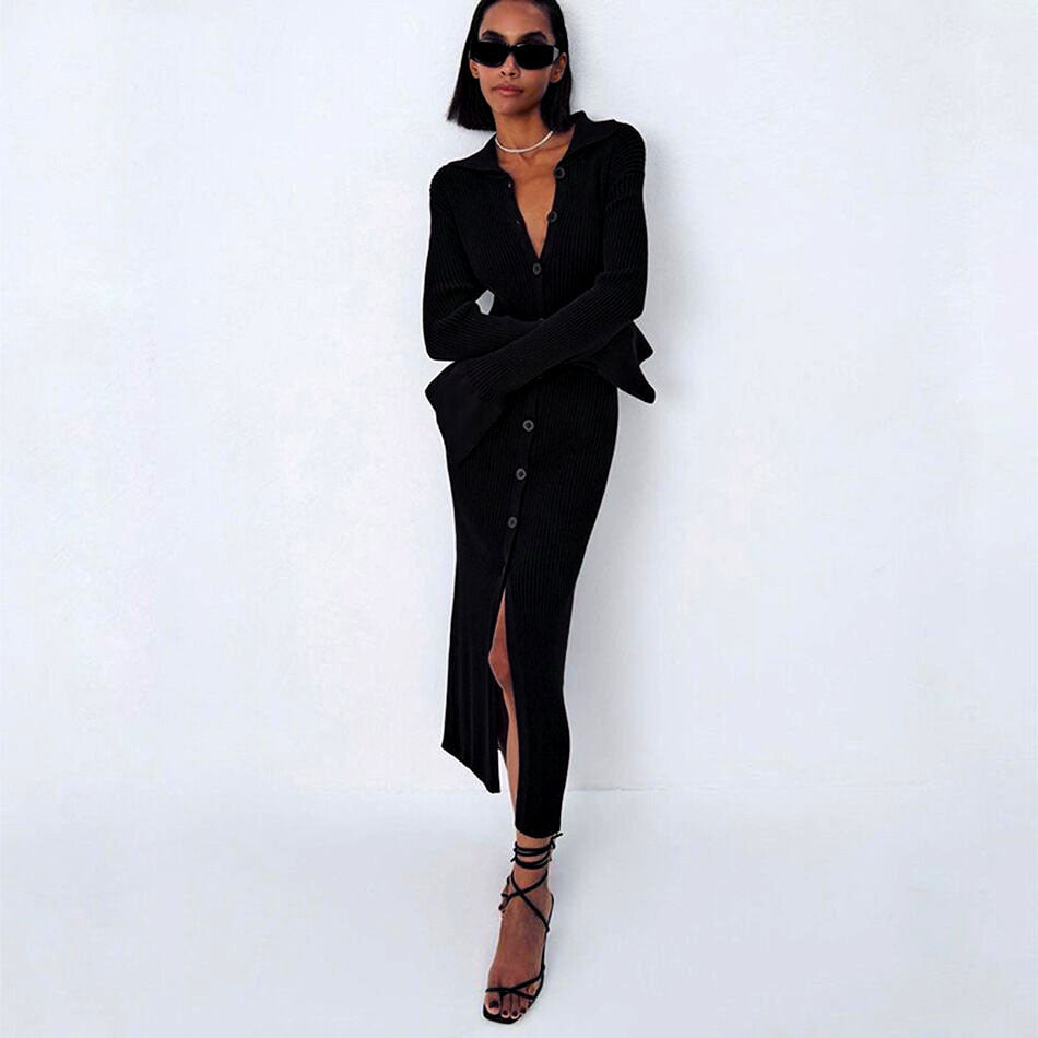 Women's Fall Fashion Women's Long Sleeve V Neck Long Button Bell Bottom Sleeve Sweater Dress 12