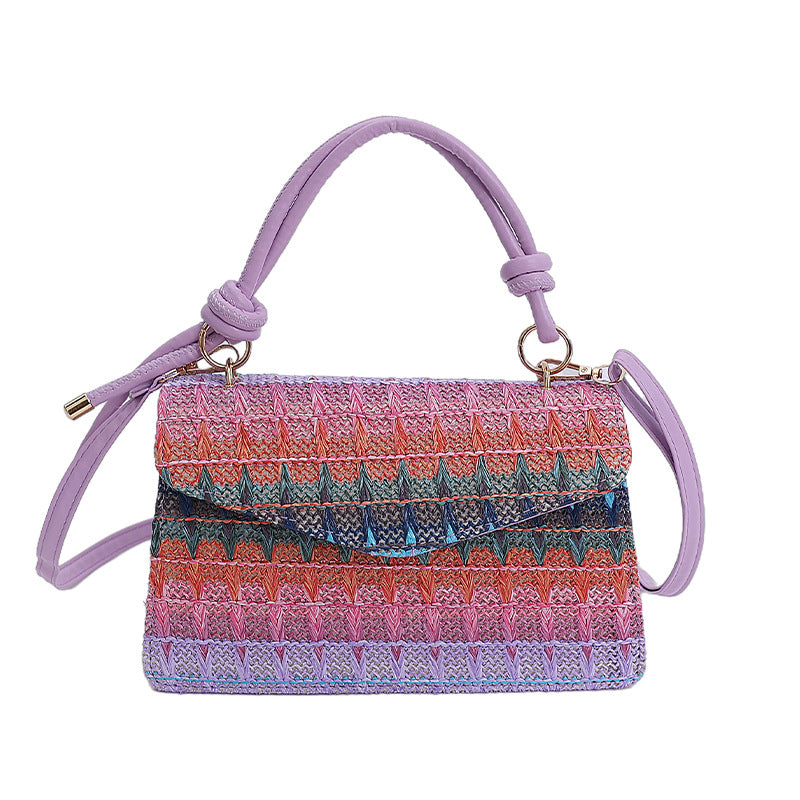 Women straw woven contrast striped shoulder crossbody handbag 3