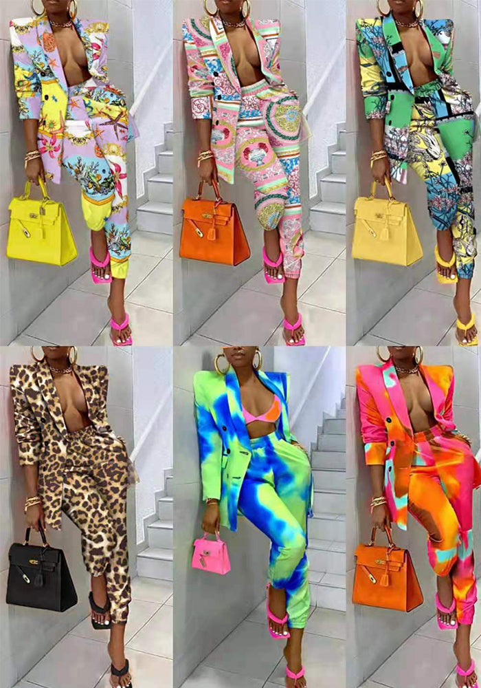 Women's Printed Coat Suit Casual Blazer Pants two piece Suit