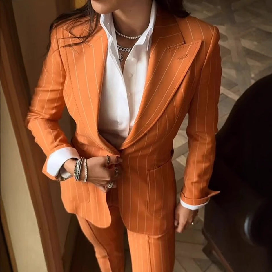 Women Turndown Collar Long-Sleeved Striped Solid Blazer and Pant Two-Piece Set 3
