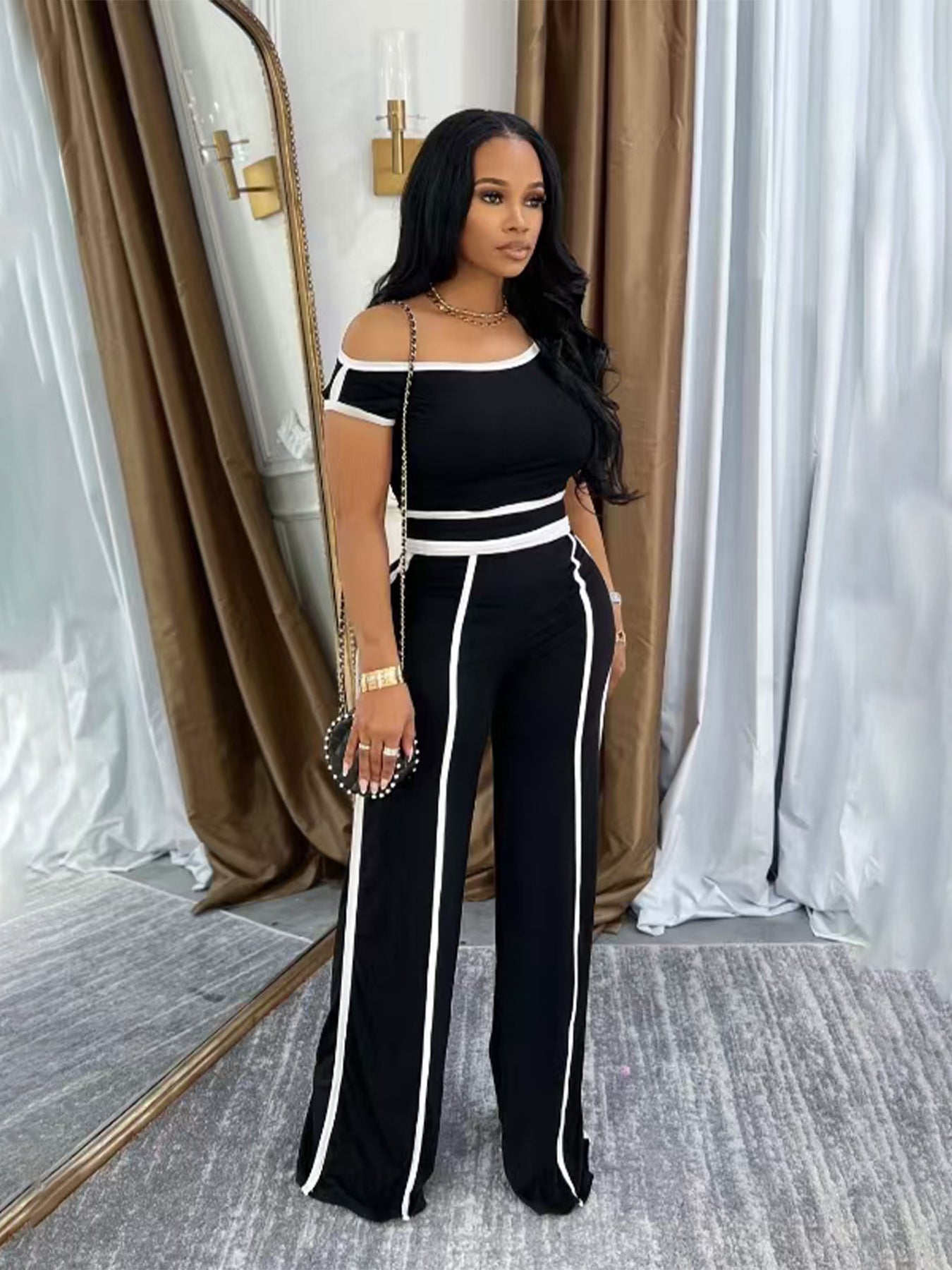 Women Summer Casual Off Shoulder Top and Long Pants Two Piece Set