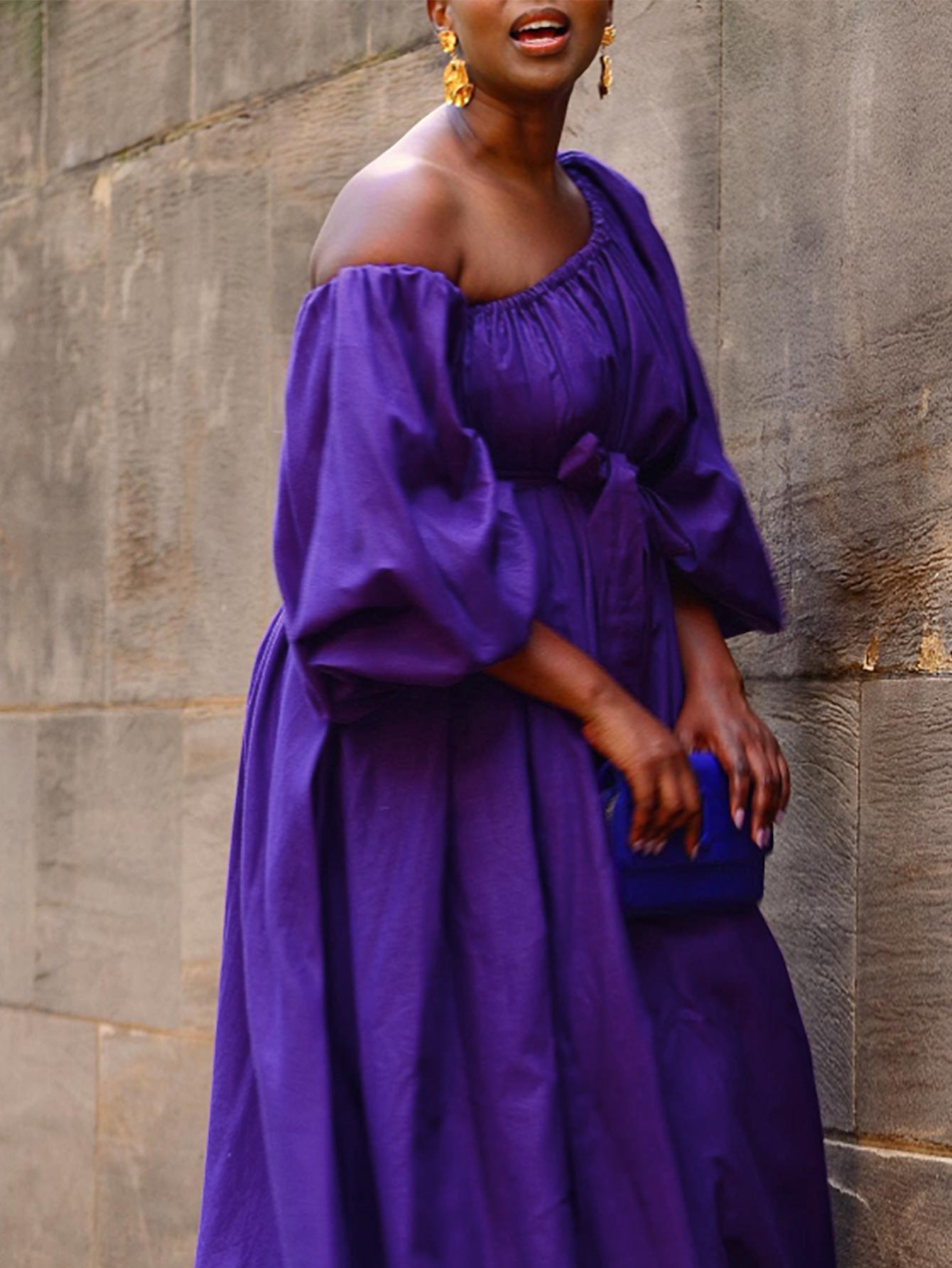 Plus-Size Women Solid Elegant Slash Shoulder Sexy Half-Sleeve Maxi Dress 4