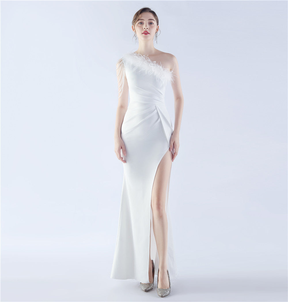 Women Beaded Ostrich Feather Evening Dress 11