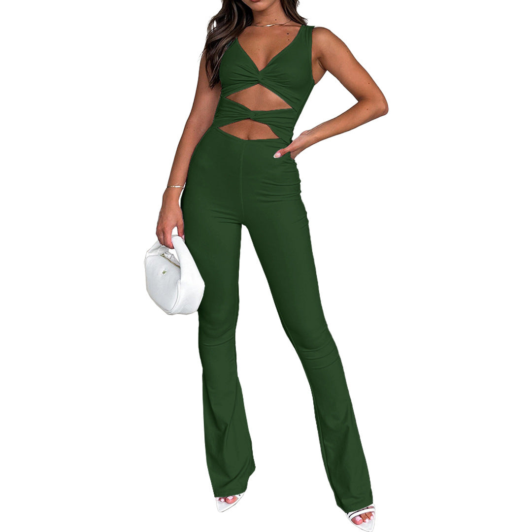 Women Solid Color Slim Cut Out Knot Bell Bottom Jumpsuit 12