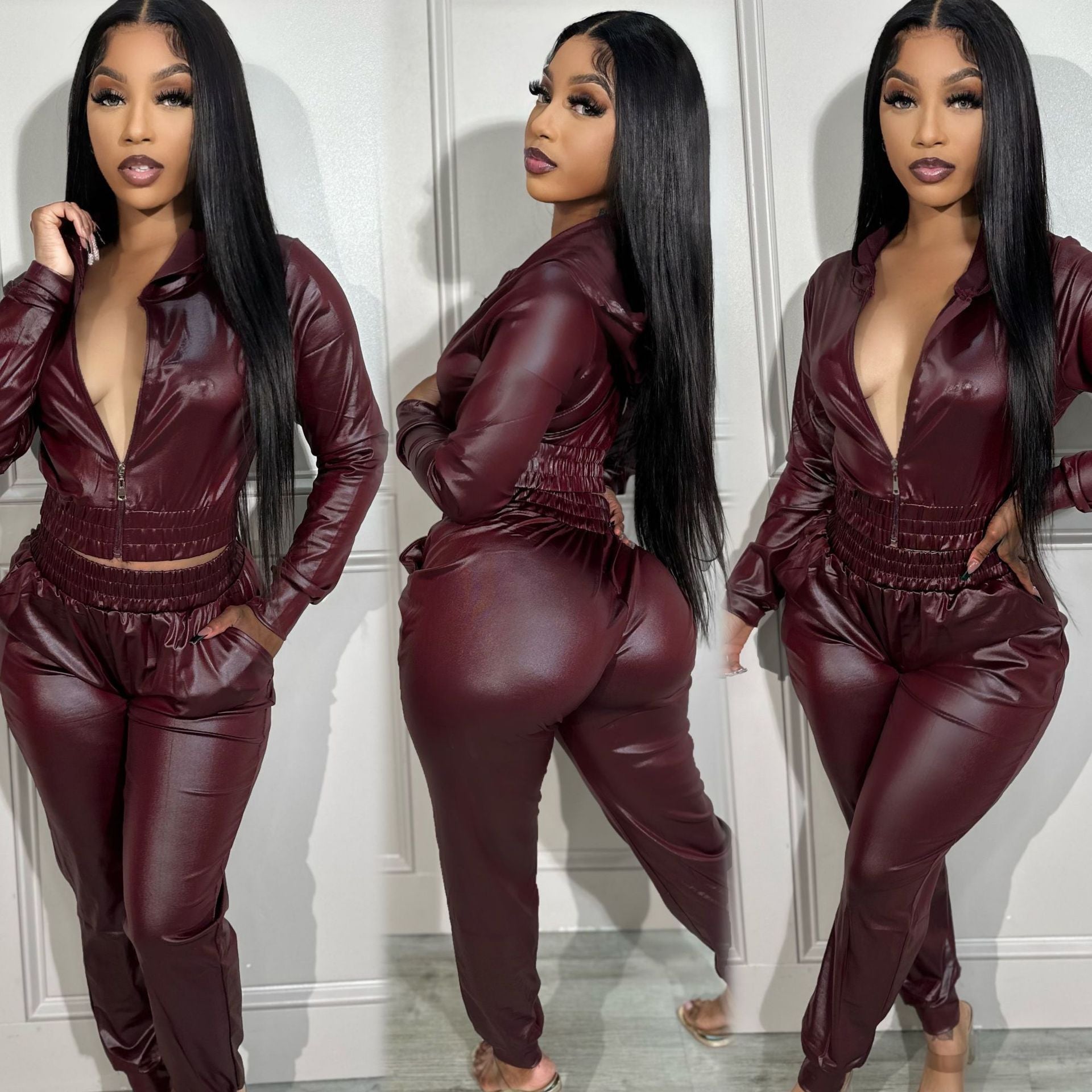 Women Casual PU-Leather Hooded and Pant Two-piece Set 4