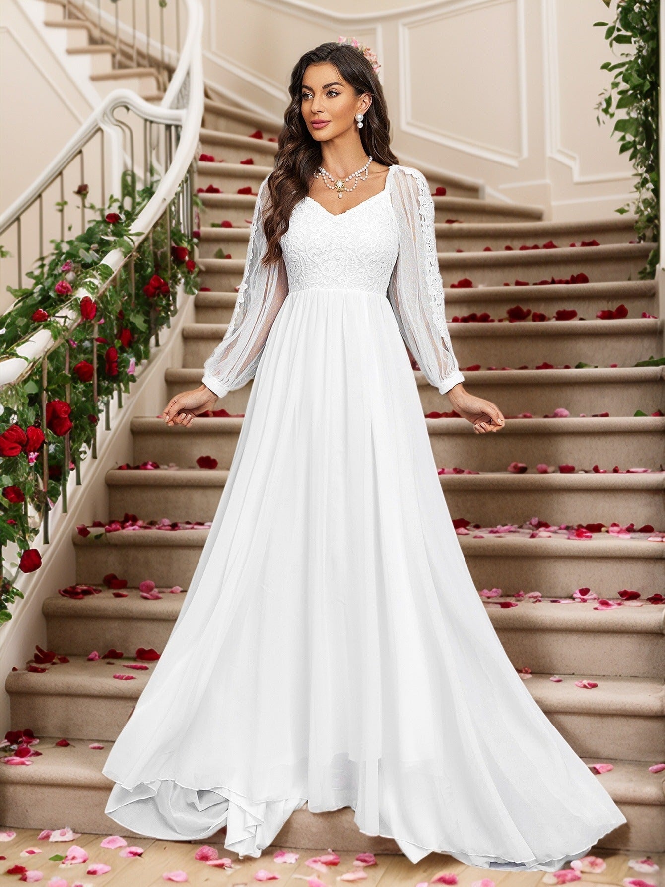Solid Color Elegant V-Neck Slim Long-Sleeved Wedding Dress Tail Formal Party Gown