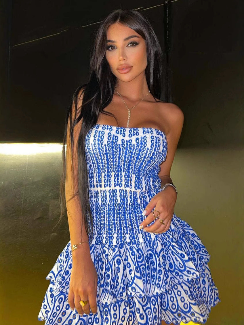 Bohemian Holiday Strapless Slim Waist Mini Cascading Ruffles Dress