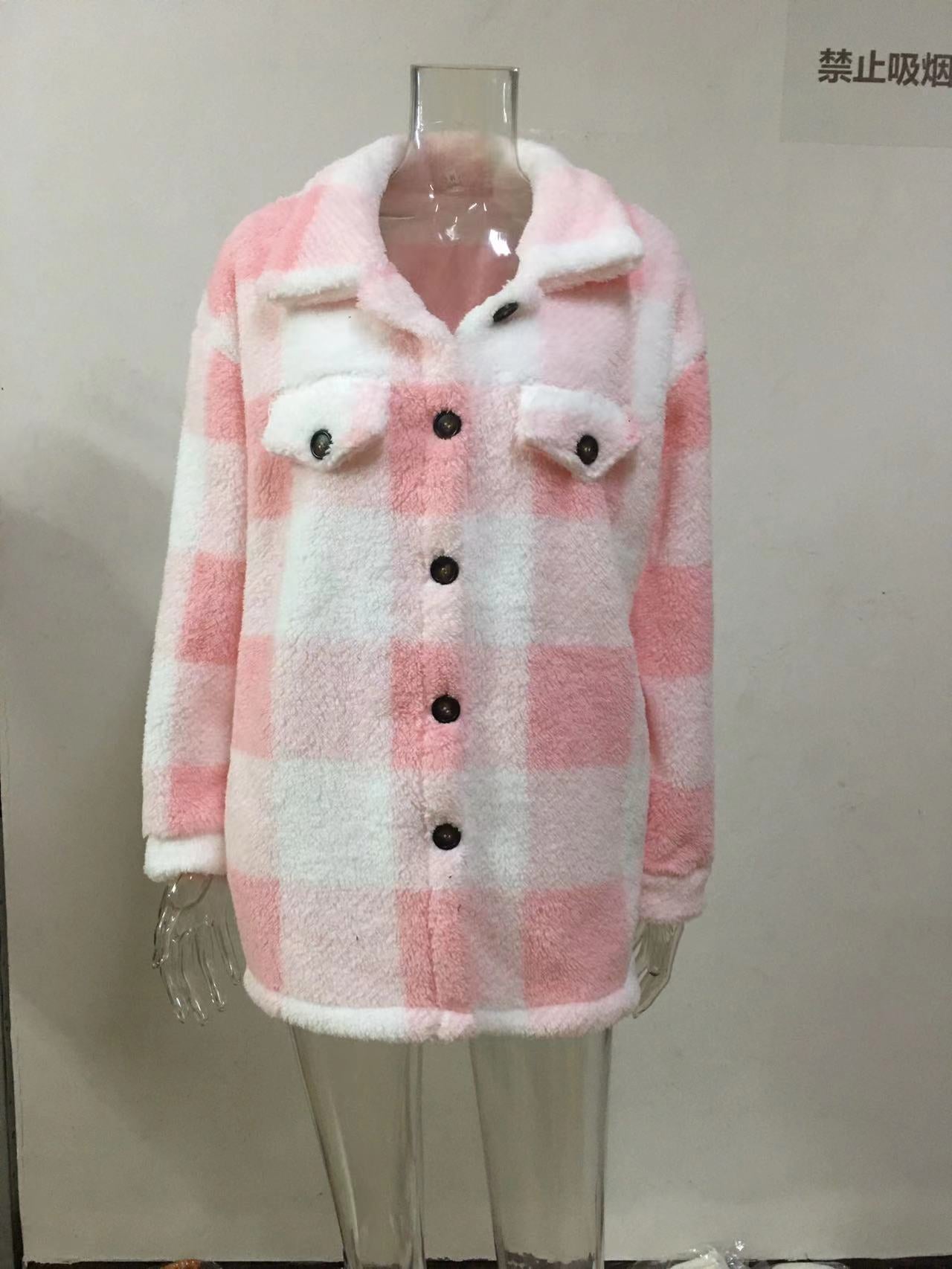 Women Autumn and Winter Pocket Plaid Sherpa Jacket Button Plush Jacket 25
