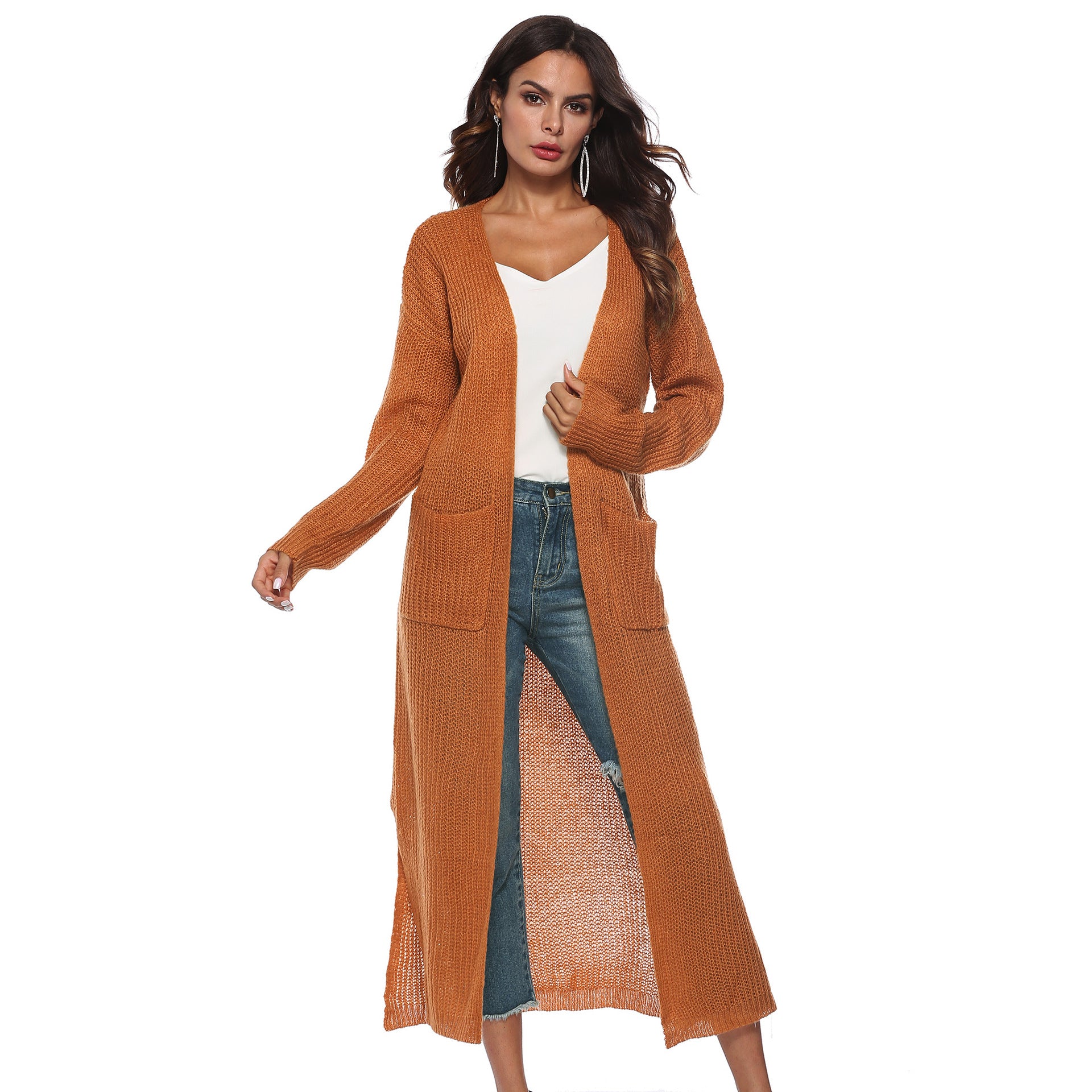 Women thin long coat with large pockets and slits 11