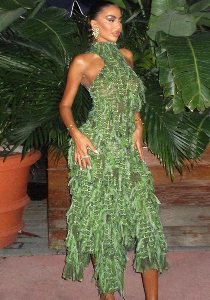 Autumn Women's Sexy High Neck Sleeveless Tassel See-Through High Waist Slim Long Dress