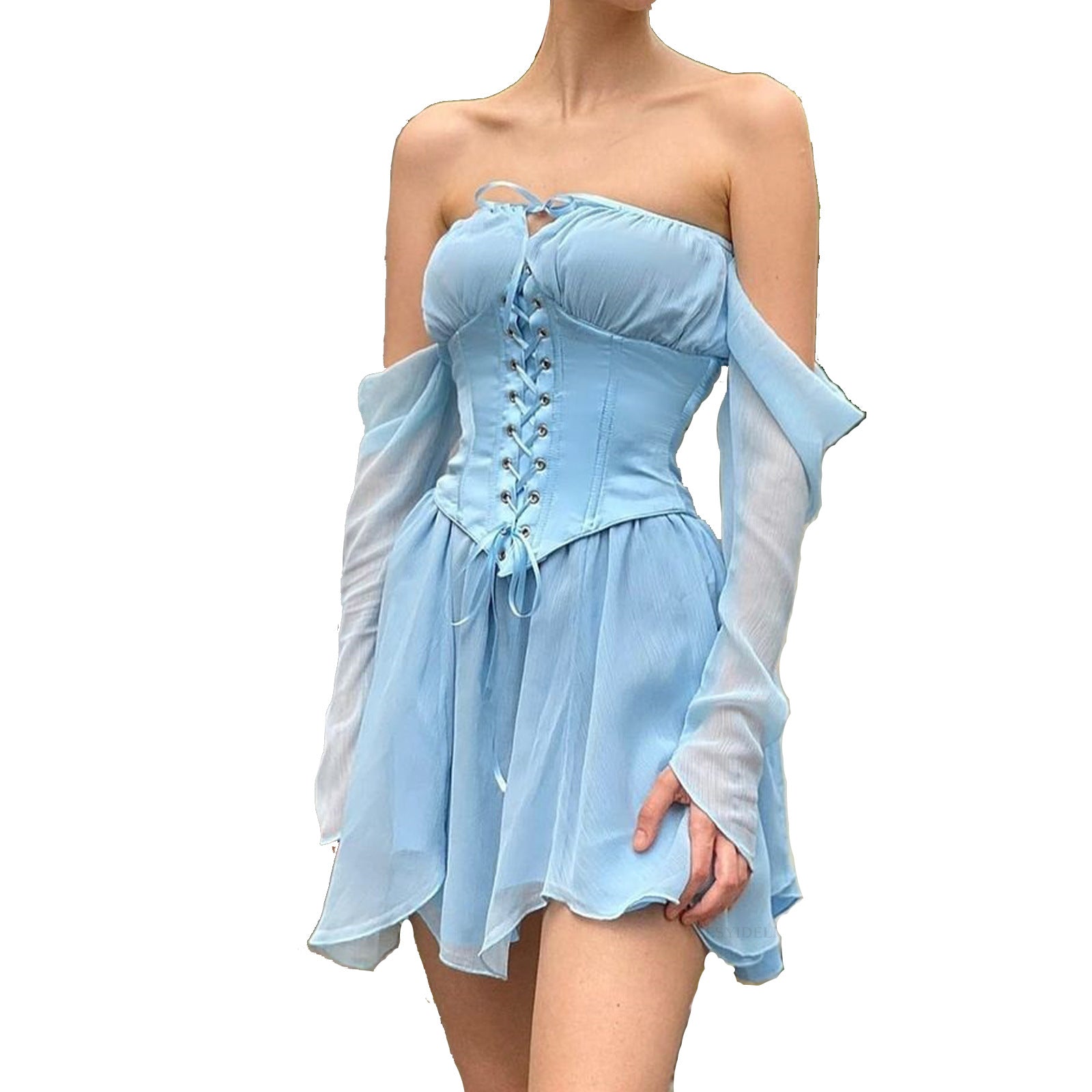 Sweet Lace Tunic Dress Sexy Off Shoulder Drawstring Irregular Dress 7