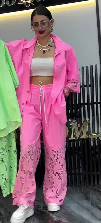 Women Spring Long-Sleeved Shirt and Patchwork Lace Pant Two-Piece Set