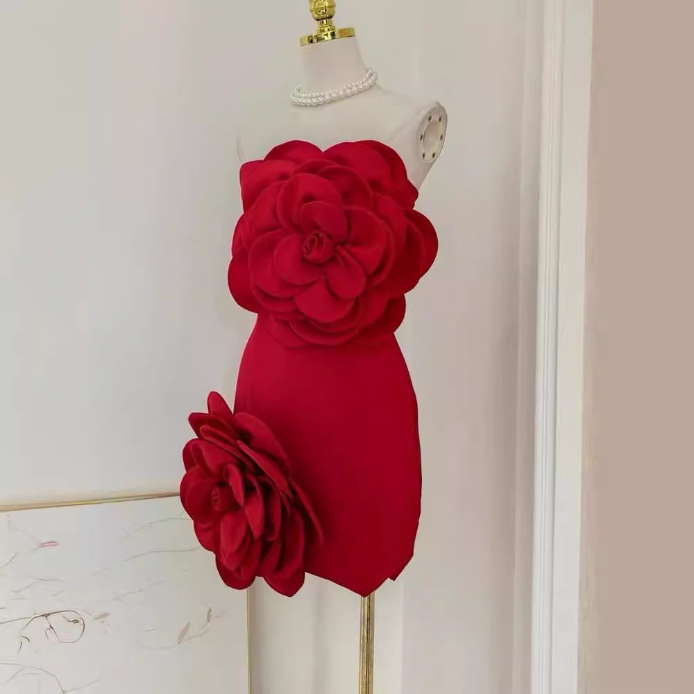 Sexy Red Strapless Chic Flower Decorative Dress 6