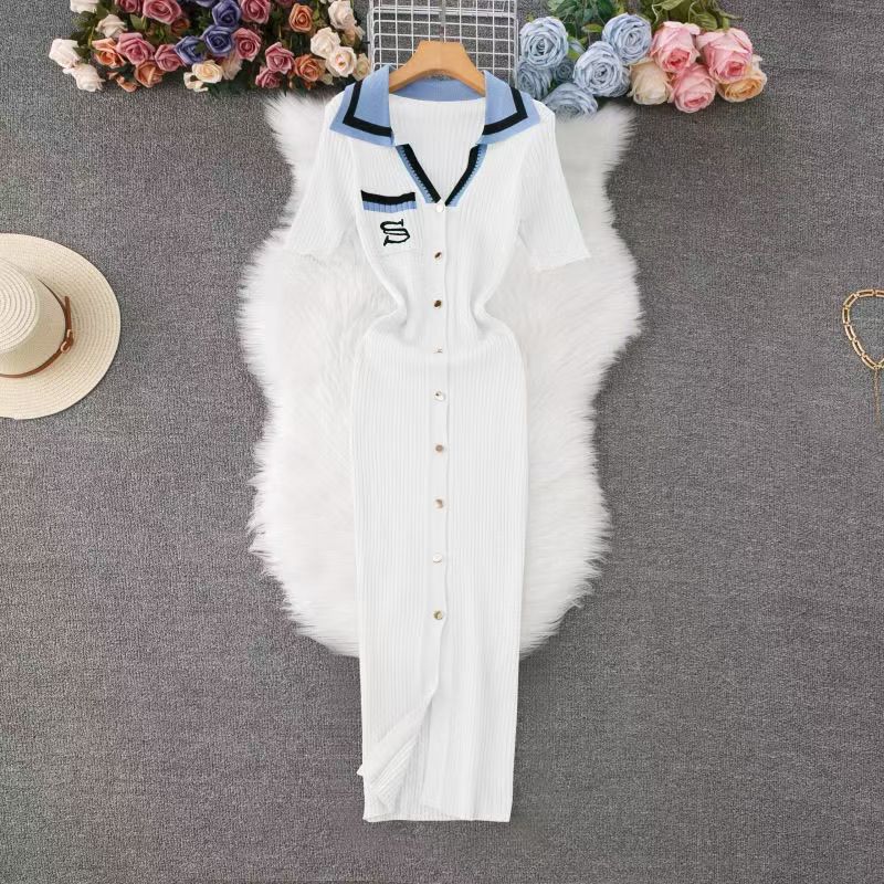 Women Fall/Winter French Contrast Color Embroidered Polo Neck Long-Sleeved Knitted Dress 4