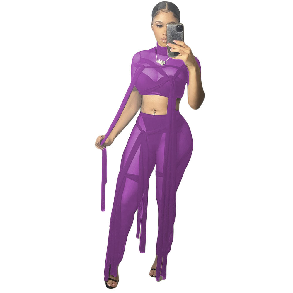 Women's Sexy Mesh See-Through Lace-Up Solid Color Short Sleeve Two-Piece Pants Set 5