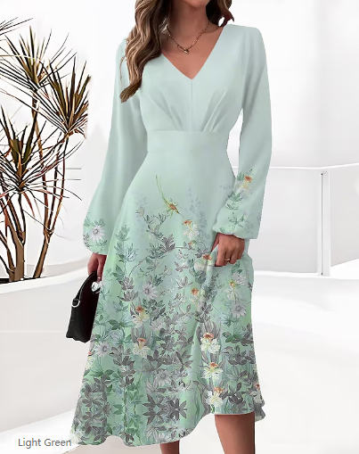 Autumn and winter fashion Chic elegant printed v-neck long-sleeved dress 6