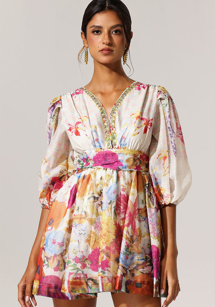 Spring Summer V neck Print Beaded Slim Waist A-line Holidays Dress