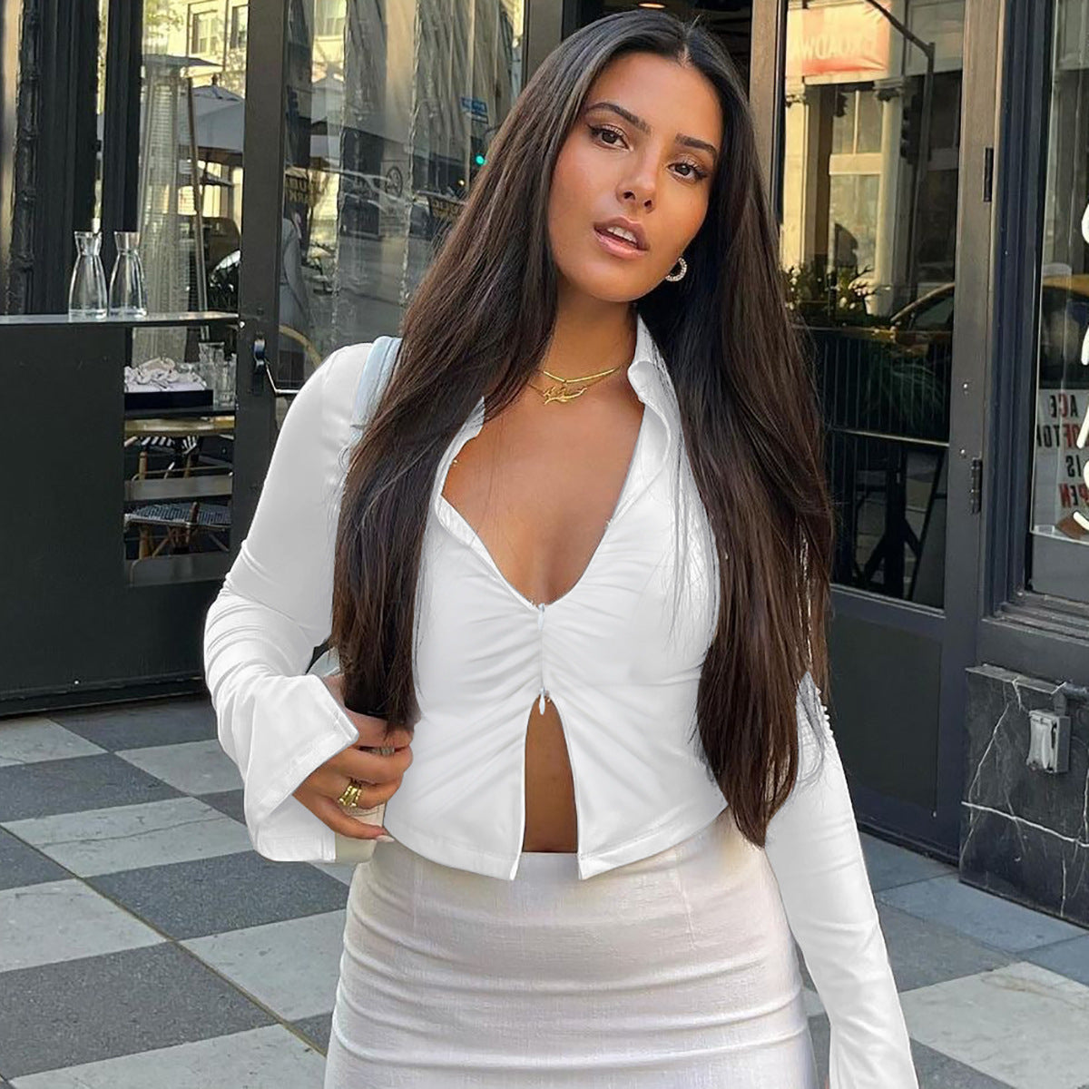 Women Fall Zipper Turndown Collar Long Sleeve Crop T-shirt 3