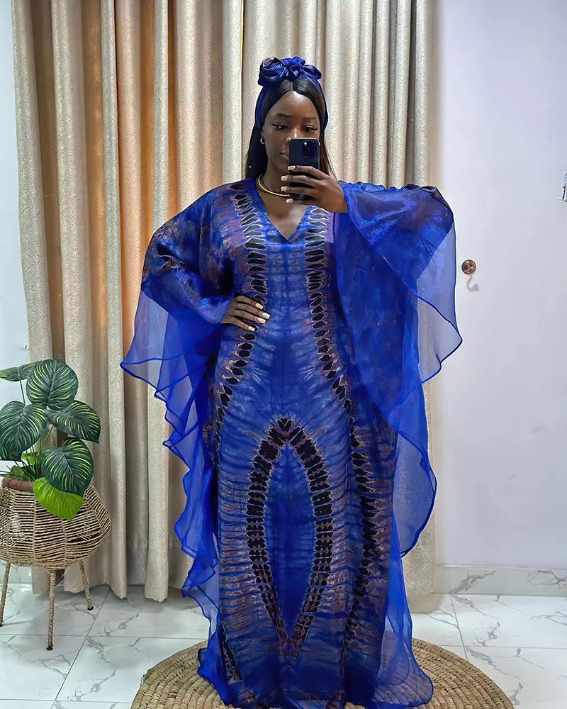 Women's clothing African long robe mesh print dress with headscarf 5