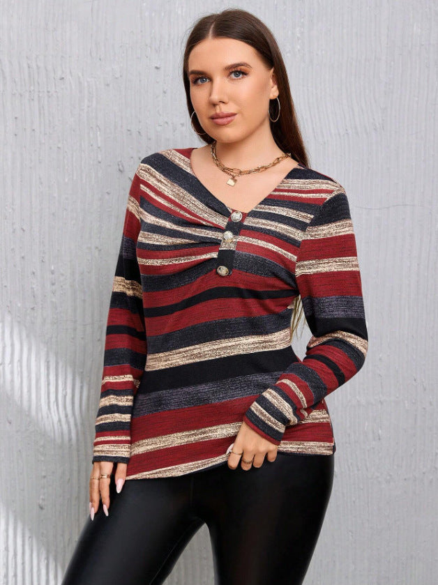 Plus Size Women's Stripe Print Asymmetric Button-Down Top 5