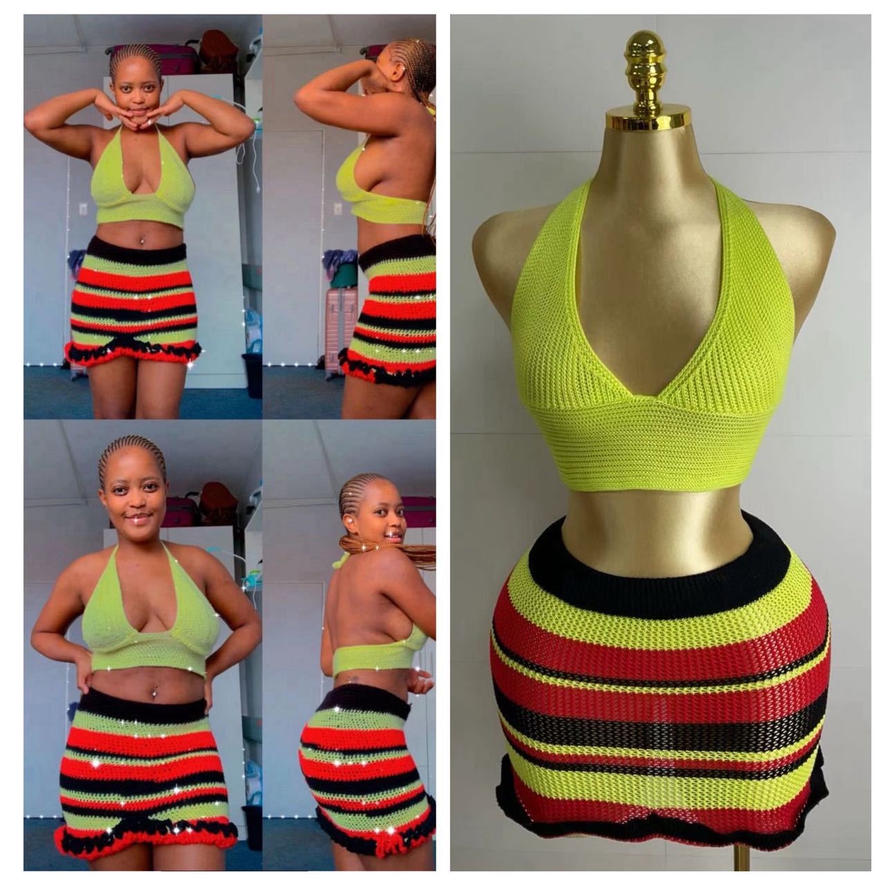 Summer Knitting Ribbed Solid Color U-Neck Sexy Sleeveless Camisole Stripes Short Skirt Set