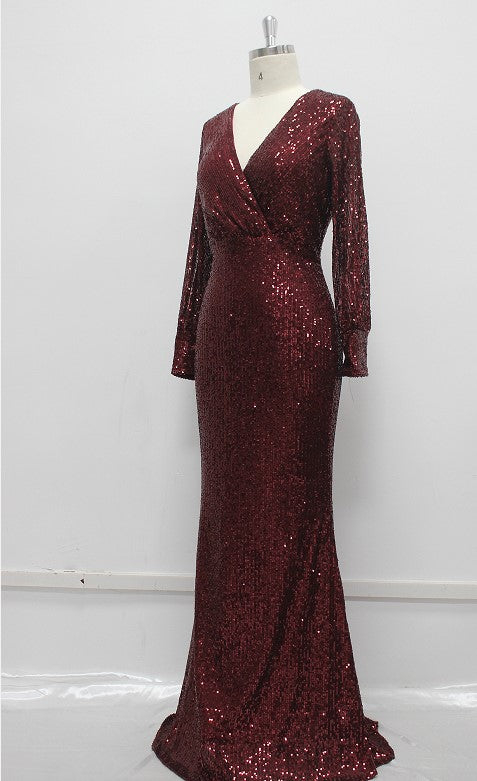 Plus Size Women Long Sleeve V-Neck Sequined Mermaid Evening Dress 16