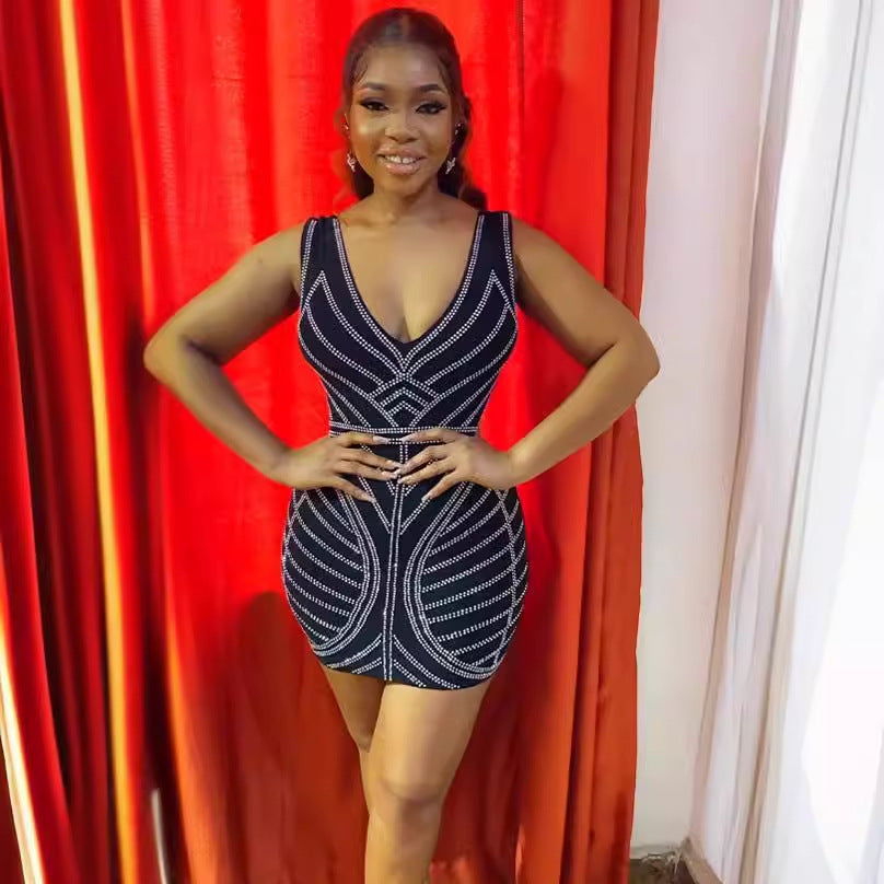 Women sexy beaded v-neck bodycon stretch dress