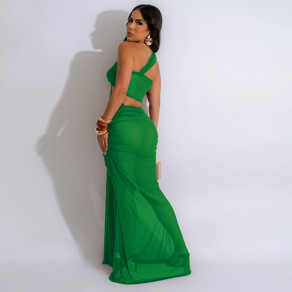 Fashionable Sexy See-Through Mesh Irregular Long Dress Including Underwear 5