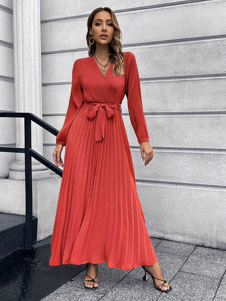 Women Autumn V-Neck Long Sleeve Pleated Maxi Dress 3