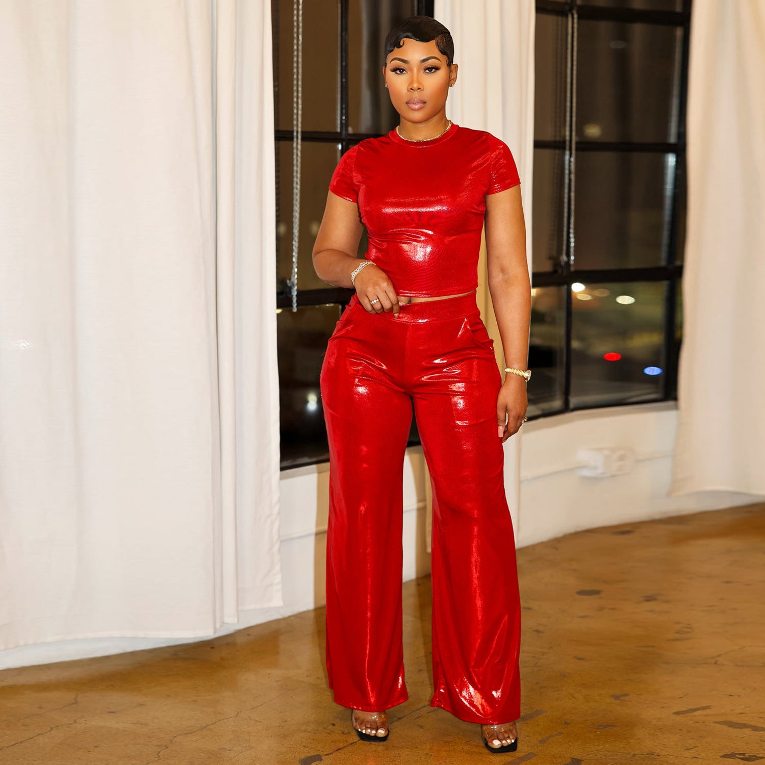 Women Summer Shiny Solid Short Sleeve Top and Wide Leg Pants Two Piece Set