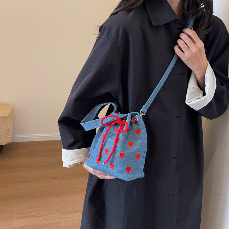 Women embroidery Heart Print drawstring pink handbag single shoulder crossbody bucket bag 5