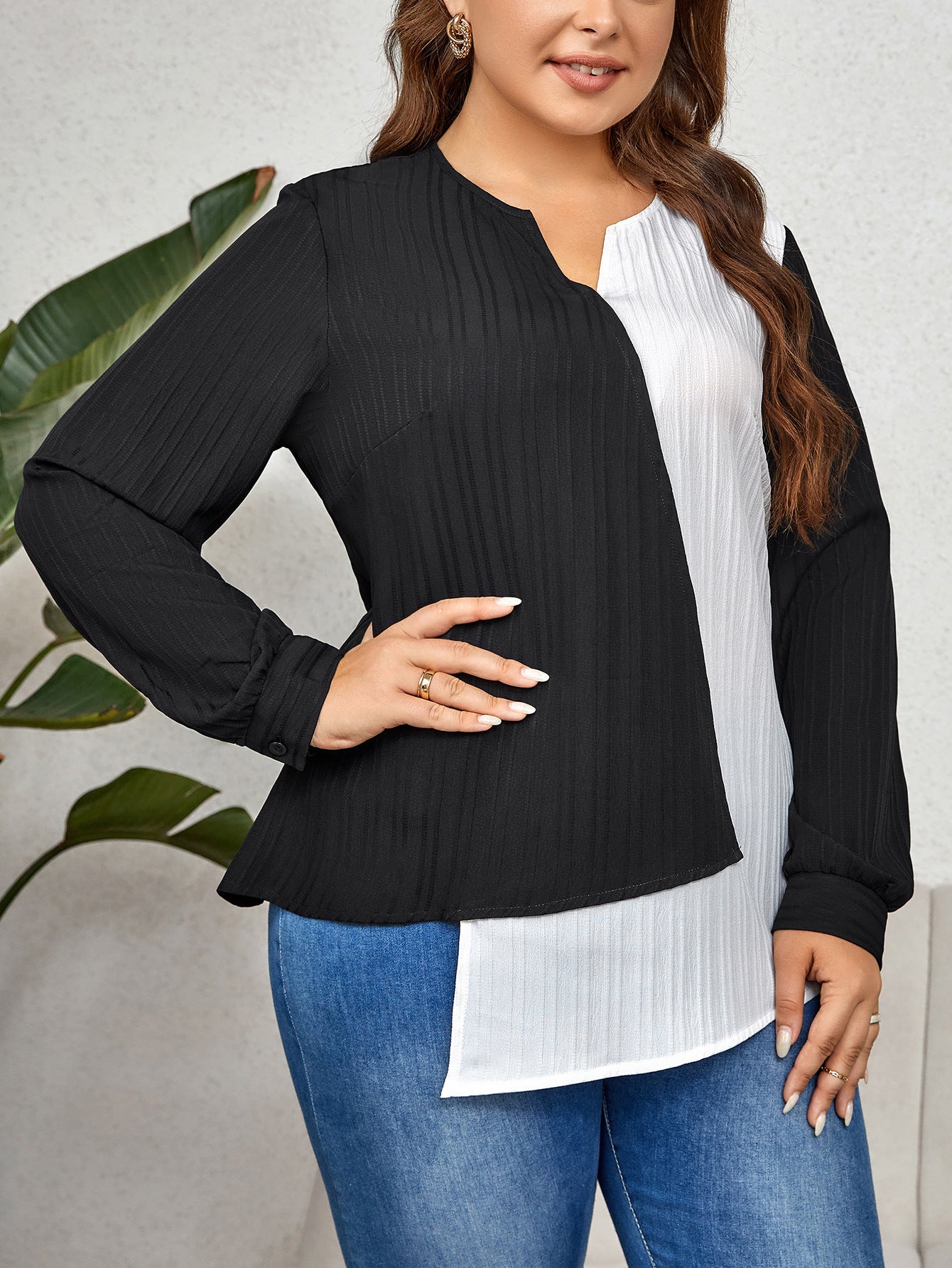Plus Size Women Color Block Irregular Long Sleeve Shirt