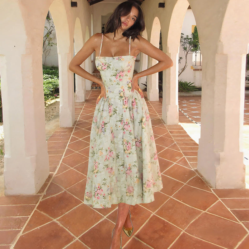 Summer women's clothing Chic sexy Low Back Slim Waist printed dress female