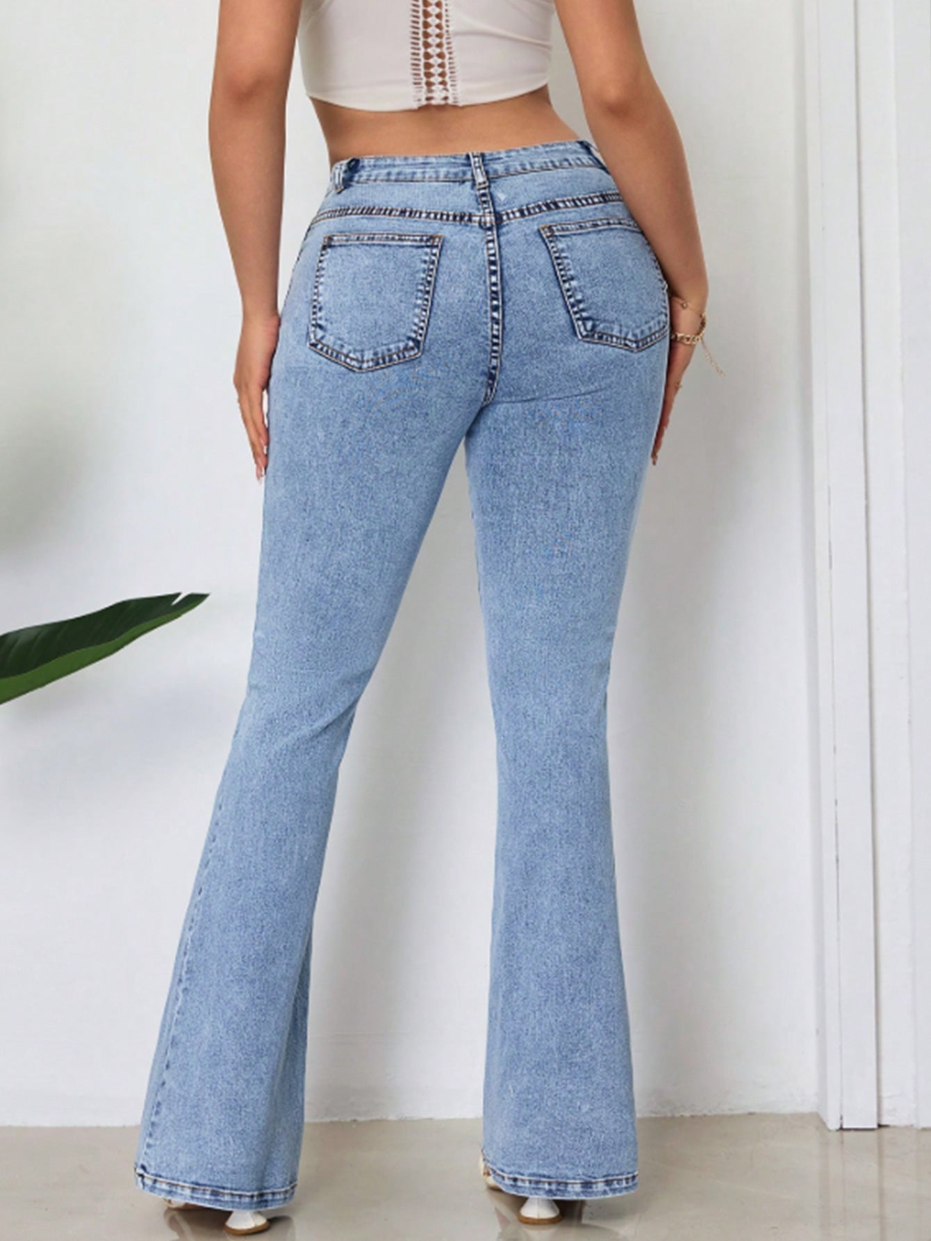 Embroidered Retro High-Waist Bell Bottom Denim Pants 4