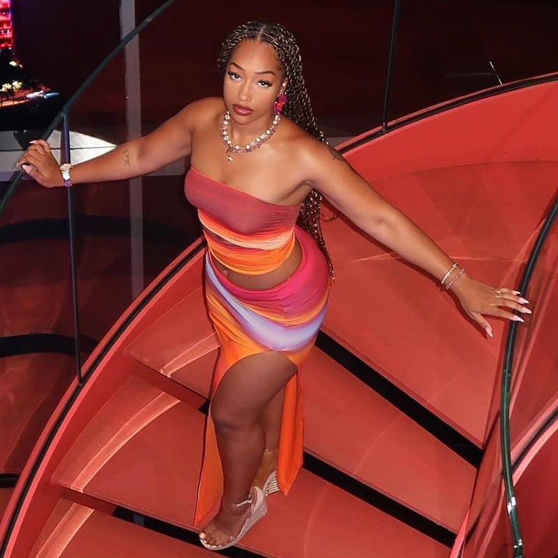 Summer Gradient Print Sexy Strapless Slim Two Piece Skirt Set 4