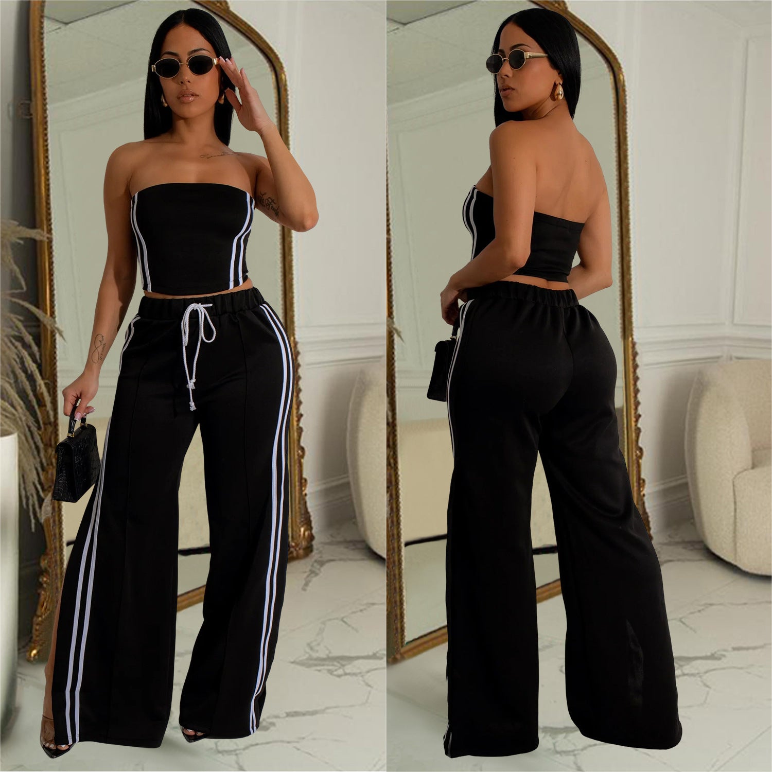 Women Summer Sexy Strapless Top and Two-Piece Pants Set 19