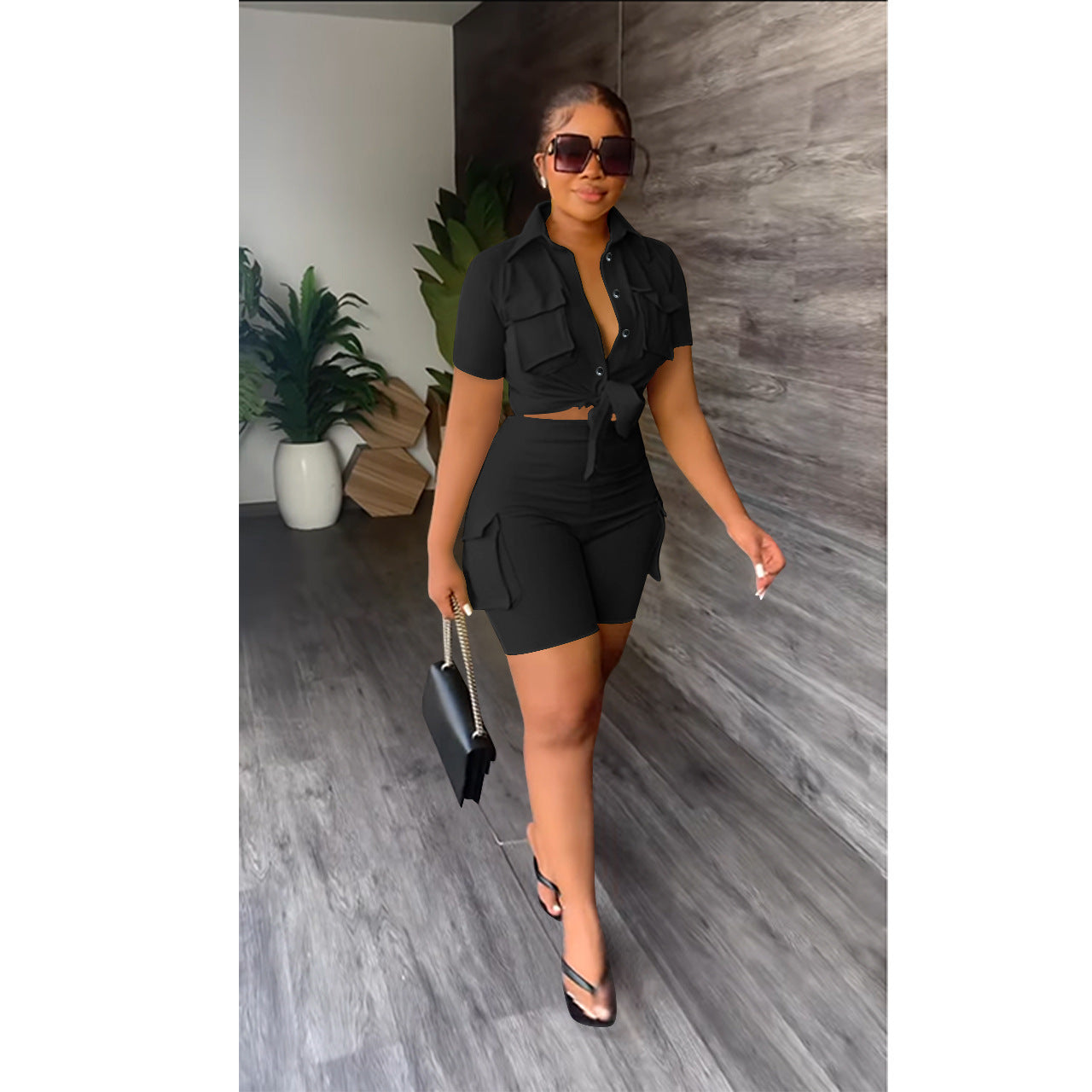 Women'S Solid Color Short Sleeve Shirt Shorts Two-Piece Set 3