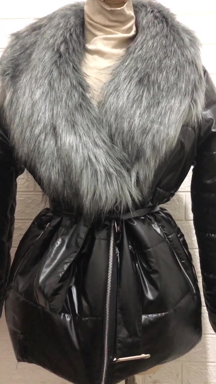 Plus Size Women's Down  Jacket Shiny Fur Collar Short Long Sleeve Down Jacket 6