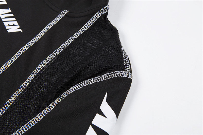 Spring Women's See-Through Mesh Patchwork Printed Slim Long Sleeve Casual two piece pants set 16