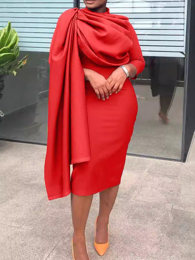 Women's Solid Color Half High Collar Medi Irregular Dress 4