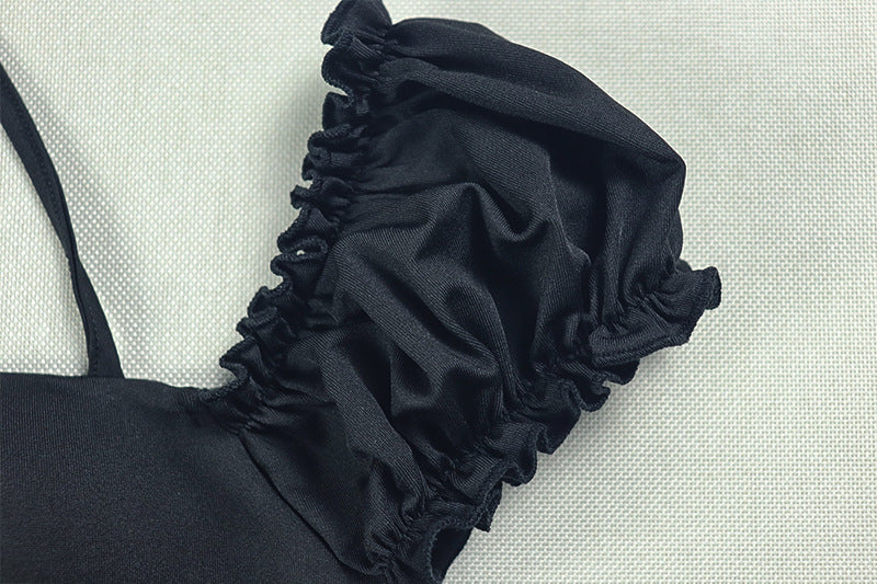 Women's Elegant Chic Solid Slim-Waist Pleated Halter Neck V-Neck Short Dress 11