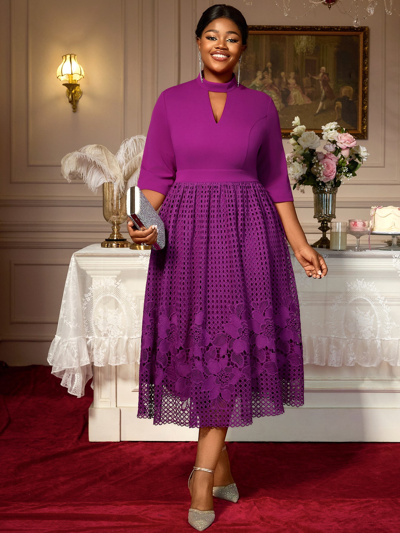 Plus Size Patchwork Lace High-Neck A-Line 3/4 Sleeve Elegant Dress 7