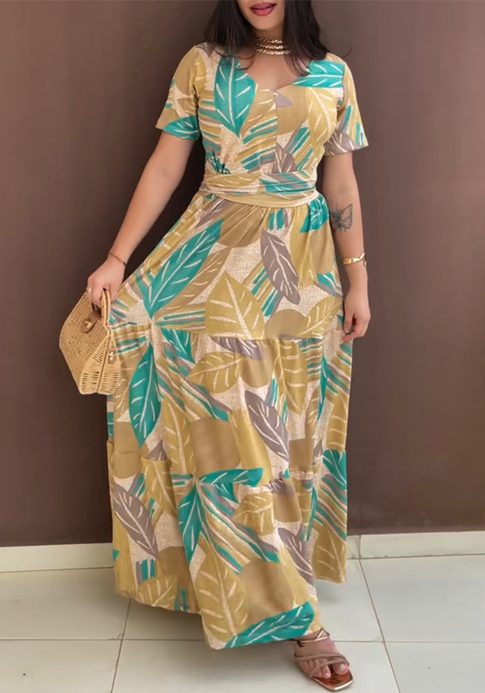 Fashionable Floral Print Short Sleeve Tie Slim Waist Holiday Long Dress