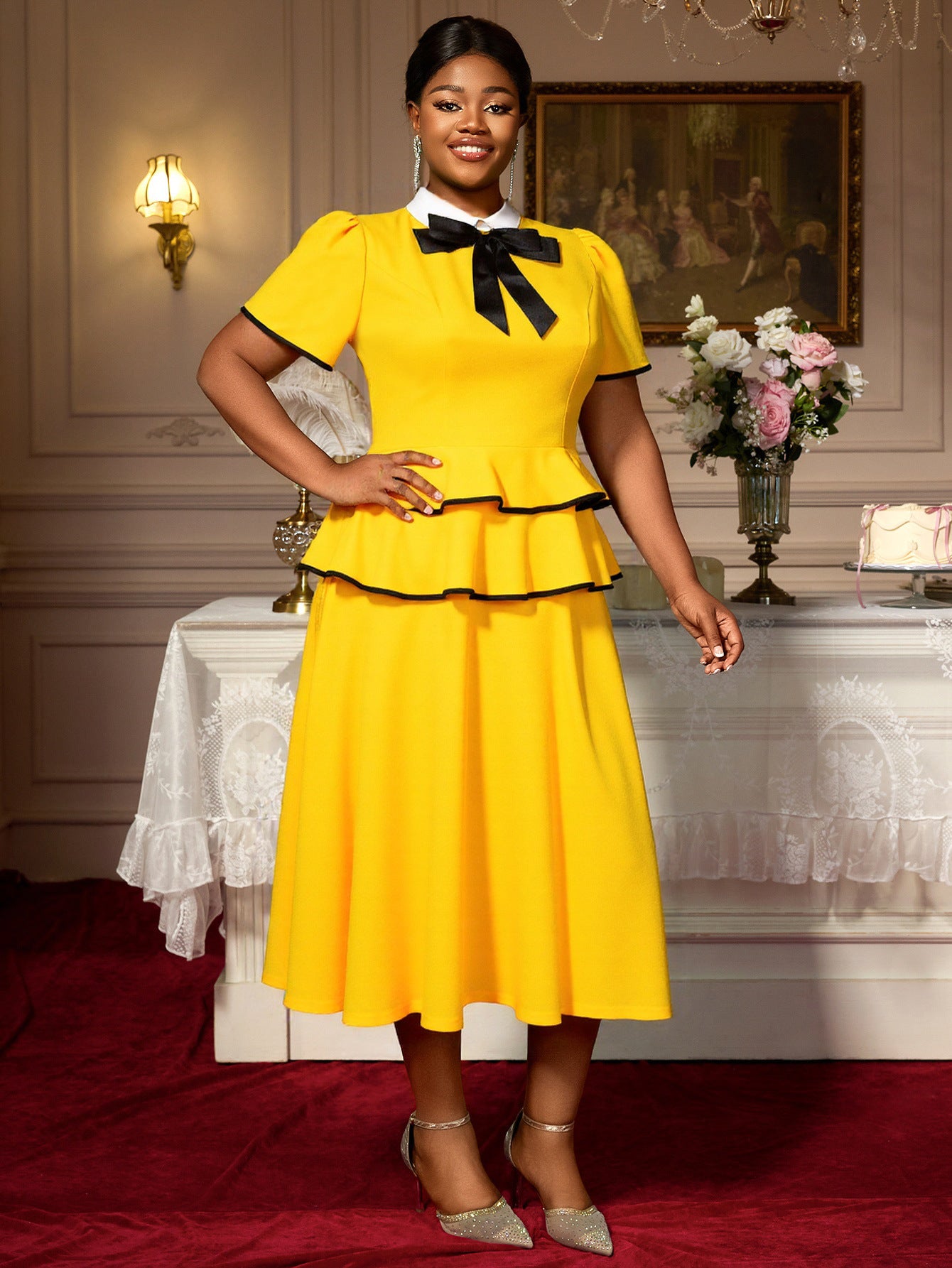 Plus-Size Women Evening Gown with a Playful Short-Sleeved Layered Ruffled Dinner Party Dress 4