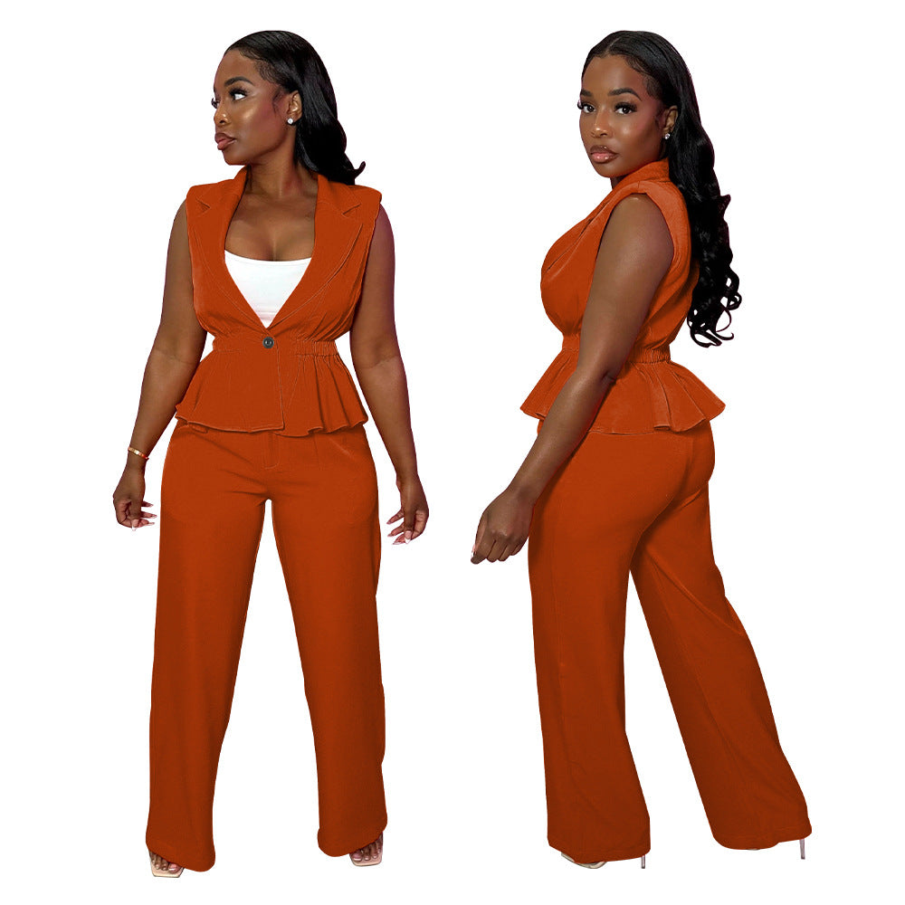 Fashion Women's Solid Color Turndown Collar Sleeveless Casual Two Piece Suit