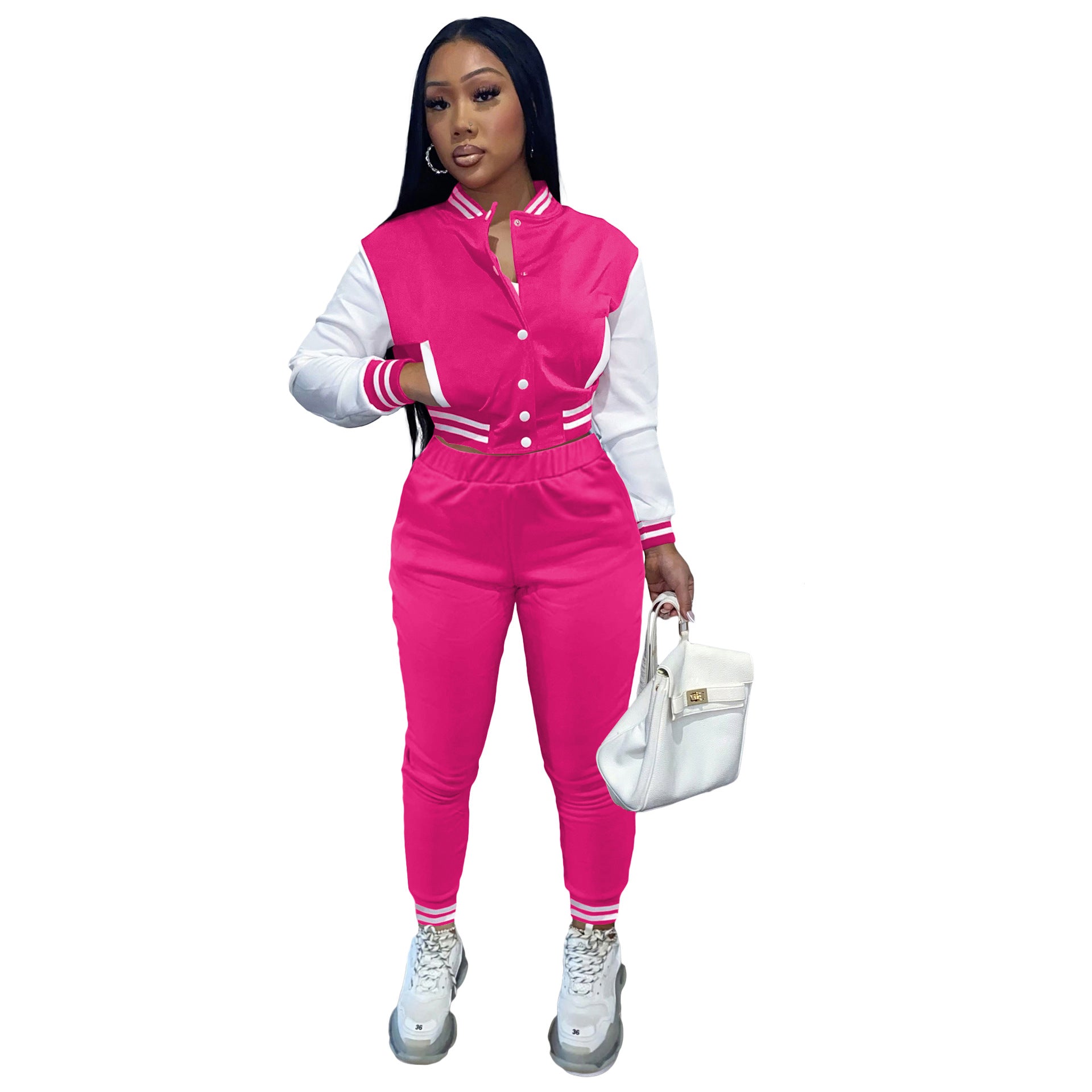 Women's Color Block Single Breasted Patchwork Long Sleeve Baseball Jersey Pants Two Piece Set For Women 17