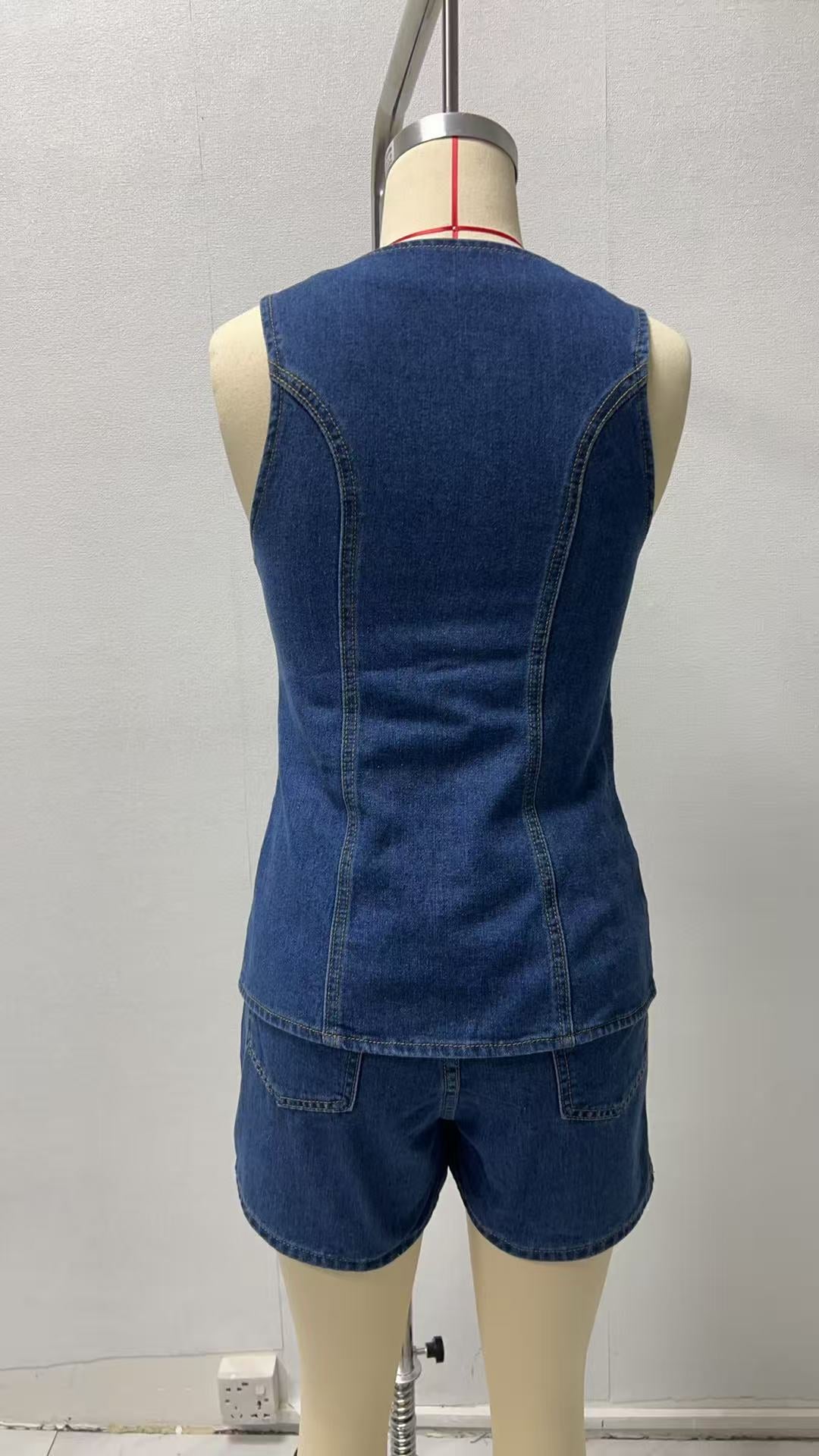 Spring Summer fashion sleeveless Slim Waist high waist loose Denim Shorts set 6