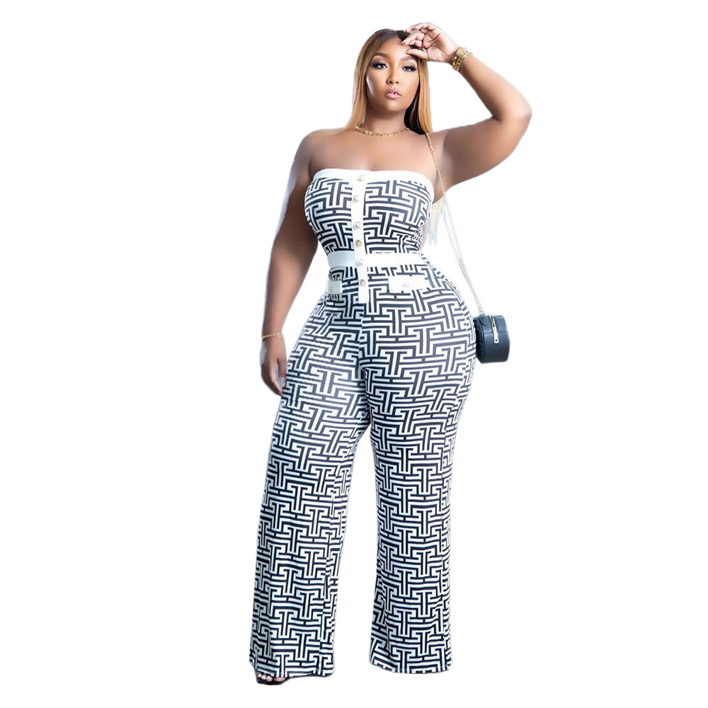 Plus Size Women Fake Button Strapless Print Jumpsuit 6